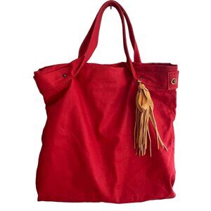 Gap Red Canvas Tote With Tan Leather Tassel Tan Interior Pockets Leather Straps